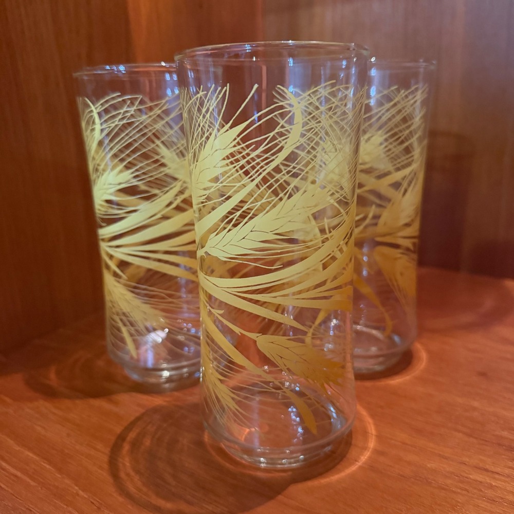 Vintage Libby Yellow Wheat Highball Glasses Set of 3 Mid Century Modern Tumblers